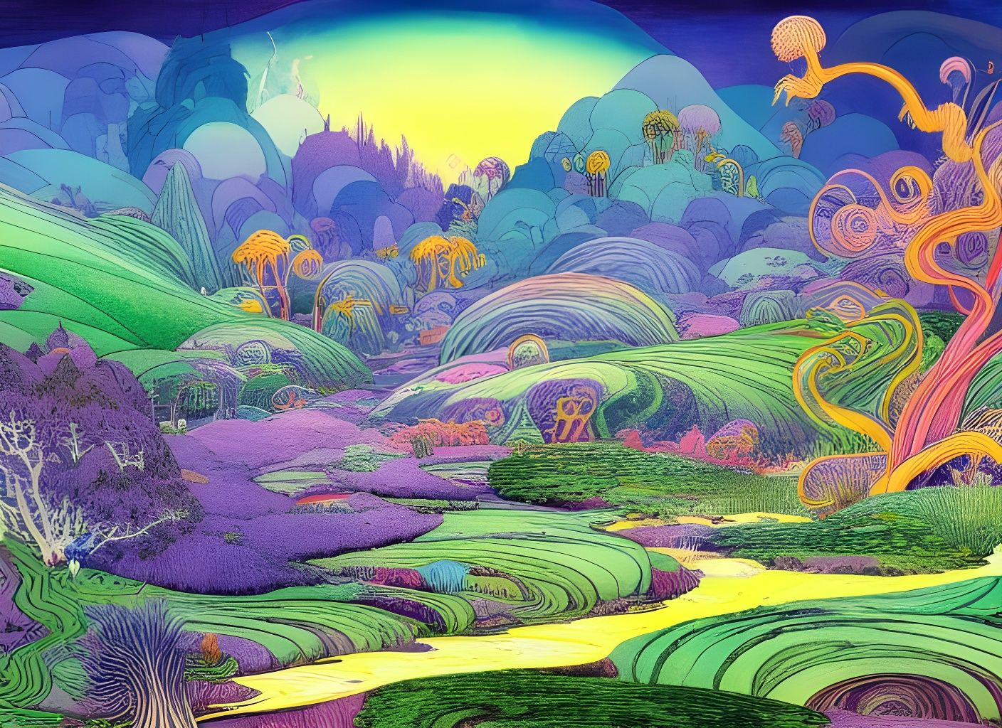 Lush Fantasy Landscape with Iridescent Details