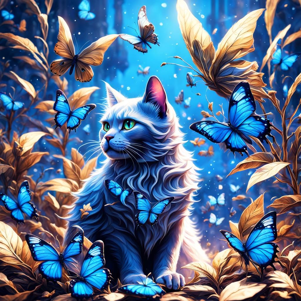 Cat with Blue Butterflies: Detailed Matte Painting
