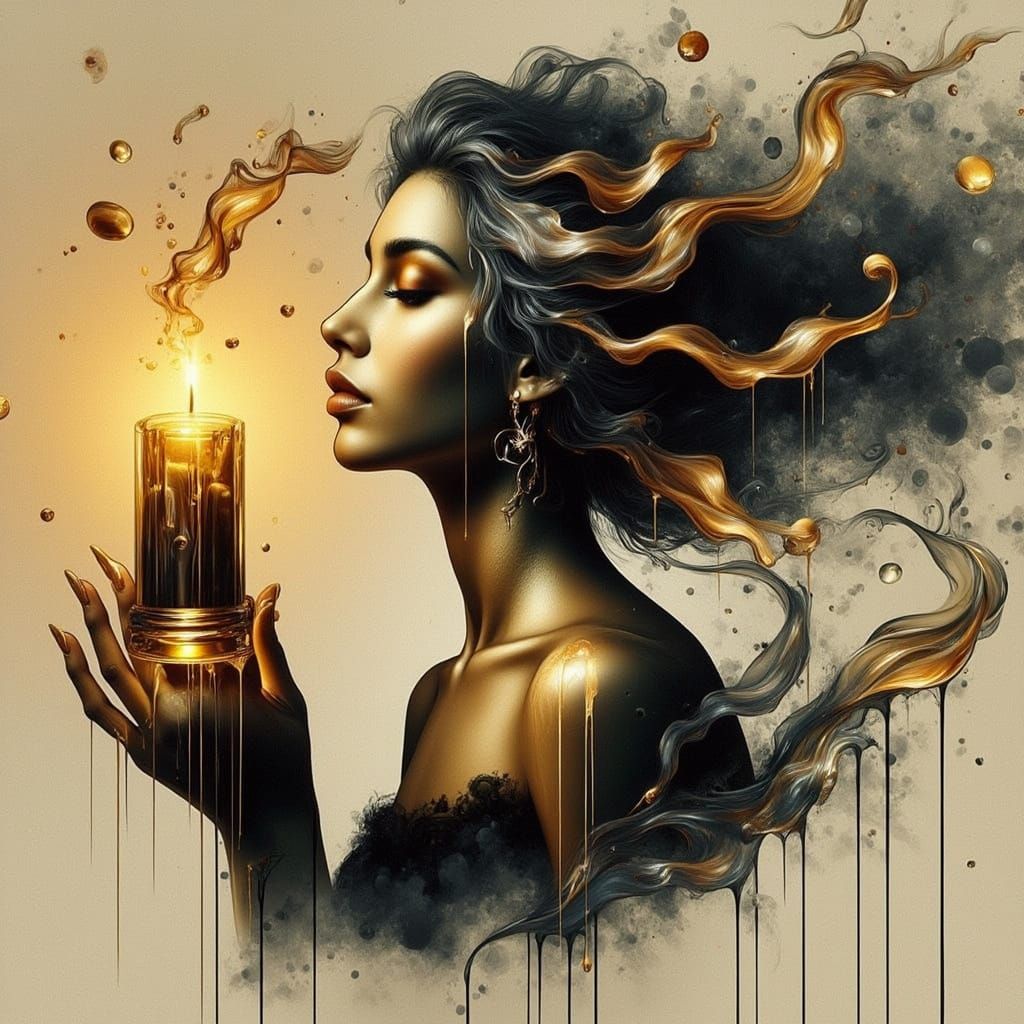 Surrealist Woman in Dreamy Golden Light with Smoking Bougie