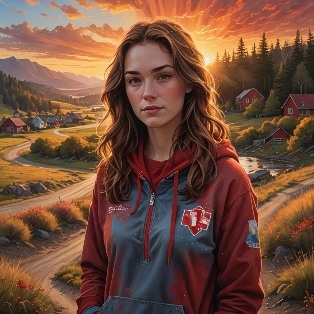 Girl in Red Hoodie: Vibrant Oil Painting