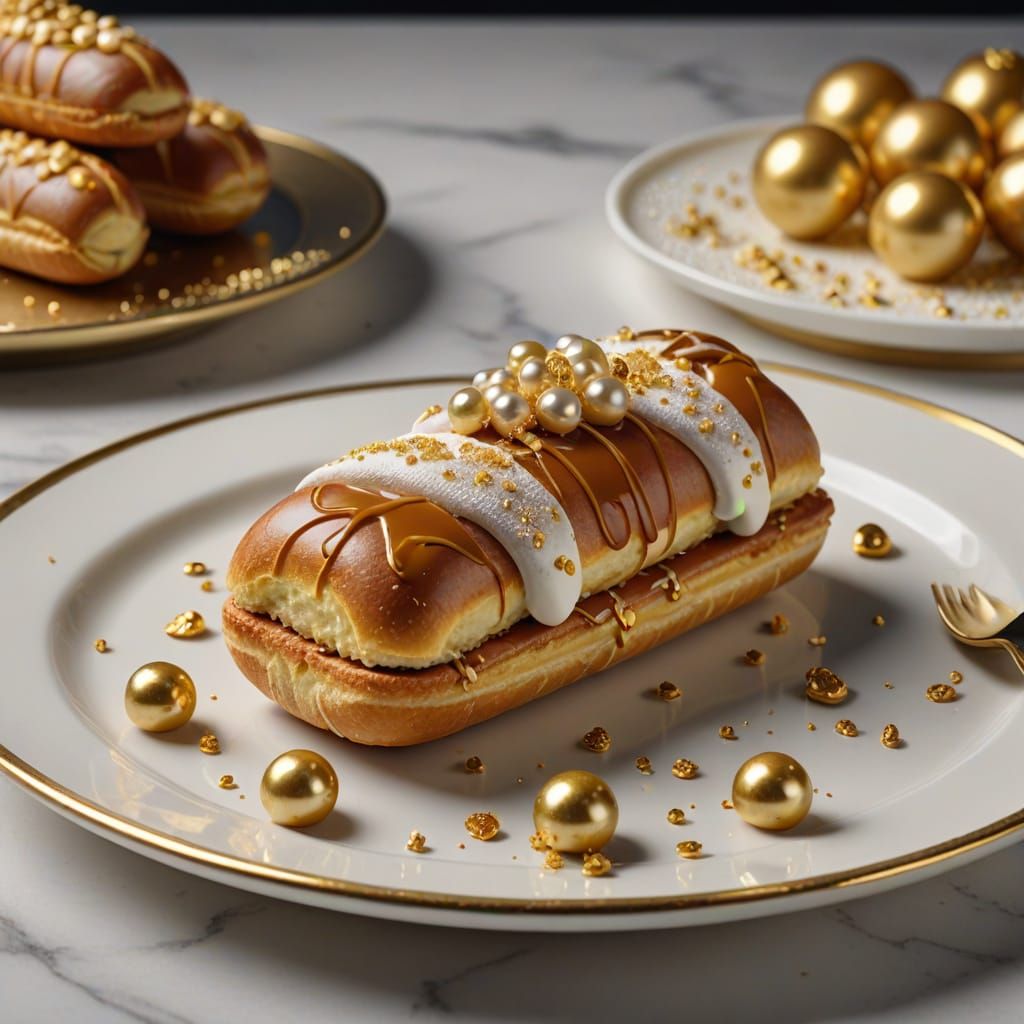 Gourmet French Éclair with Gold Flakes and Pearls