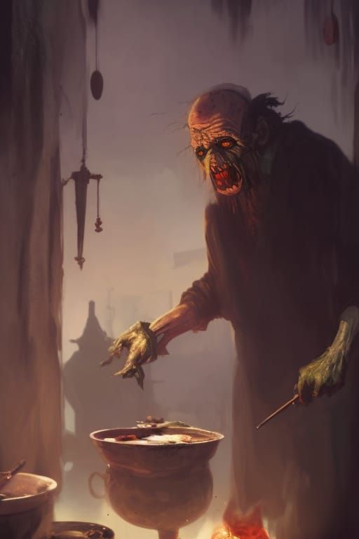Sinister Witch Brews Potion in Dark Fantasy Style
