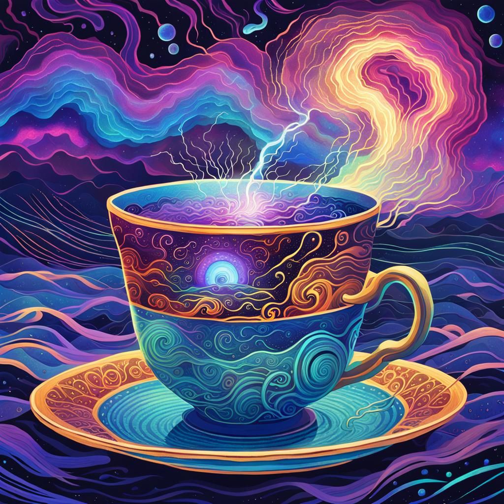 Lightning Strikes Teacup Waves: A Cosmic Mixed Media Art