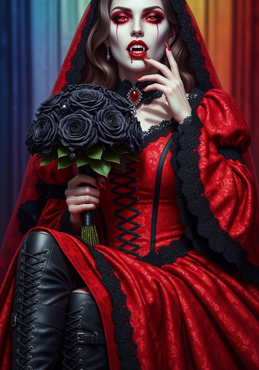 Gothic Vampire Bride in Ornate Red Wedding Gown