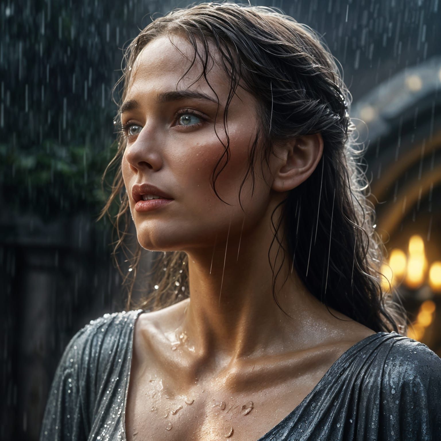 Melancholic Woman in Rain: Sparkling Eyes Portrait