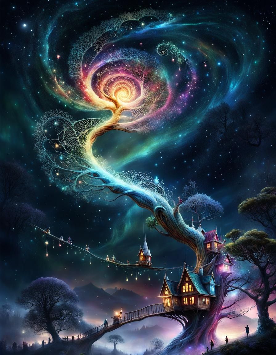 Surreal Tree with Fairy Villages and Glowing Trails