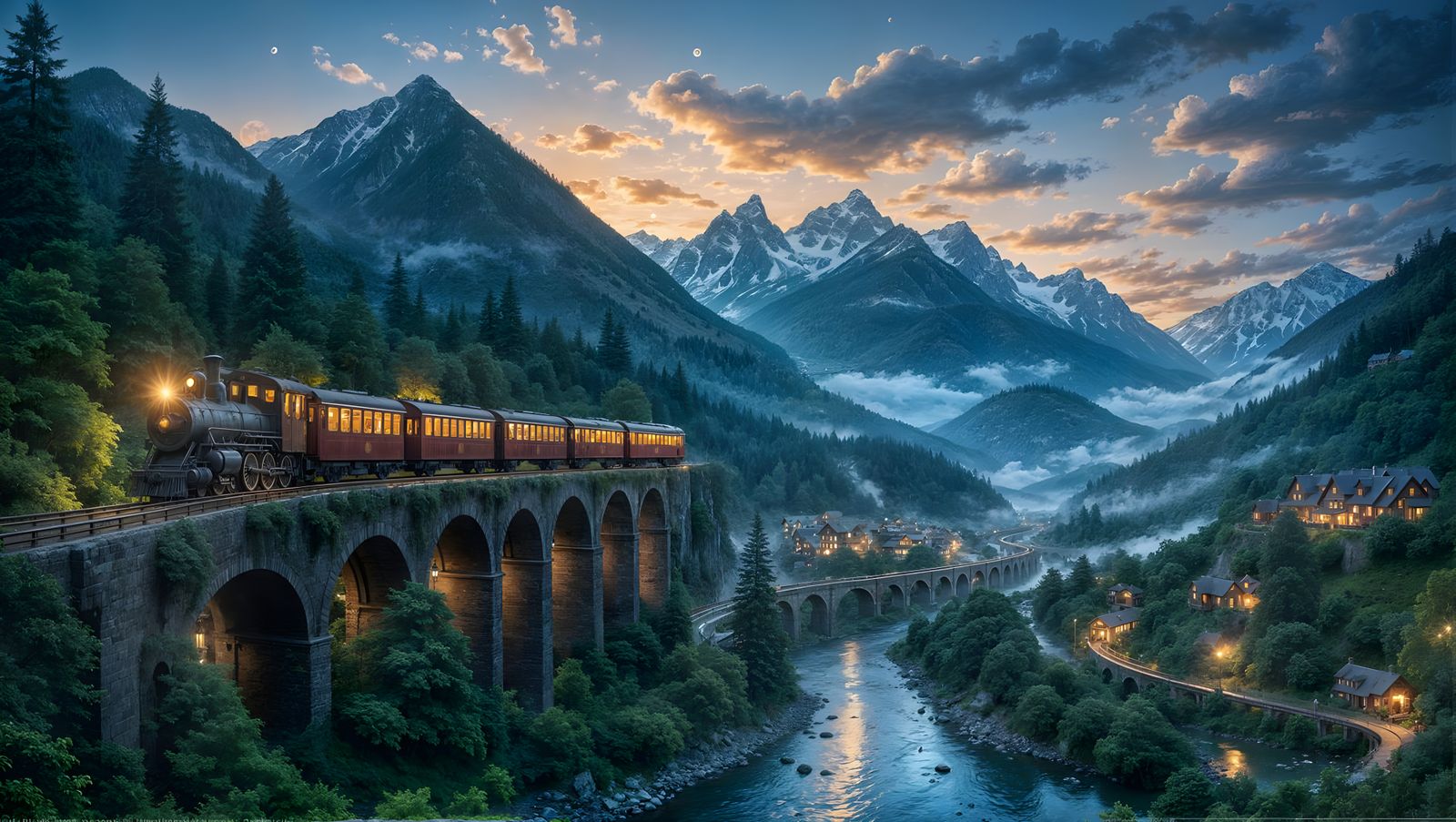 Vintage Train Chugs Along Elevated Railway in Whimsical Fant...