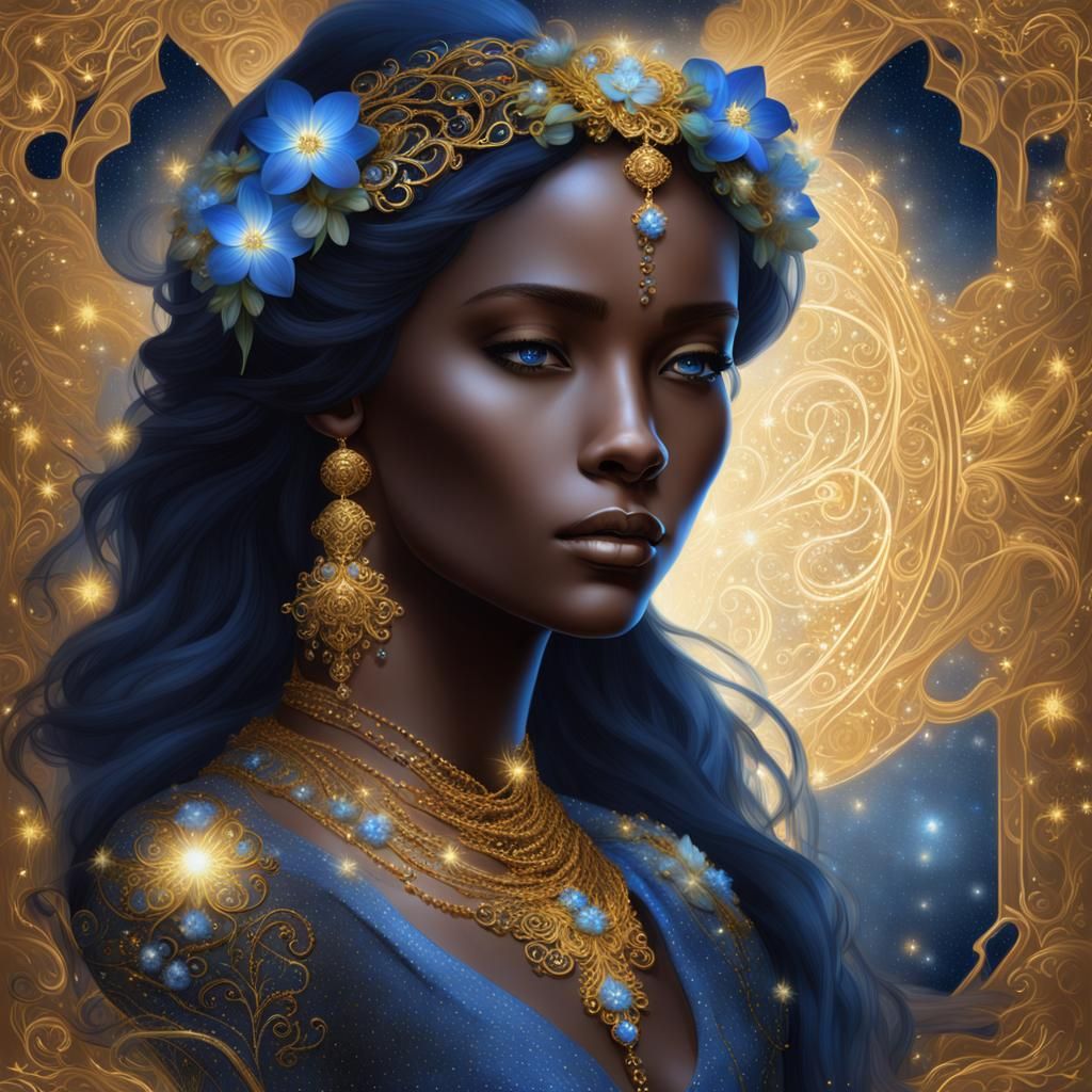 Ethereal Woman with Gold Jewelry and Starry Background