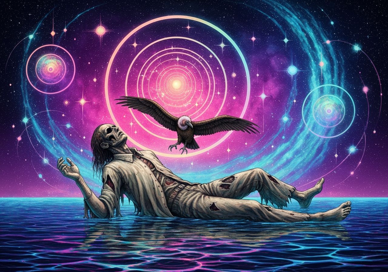 Cosmic Astral Scene: Corpse Floating Amidst Vultures and Sta...