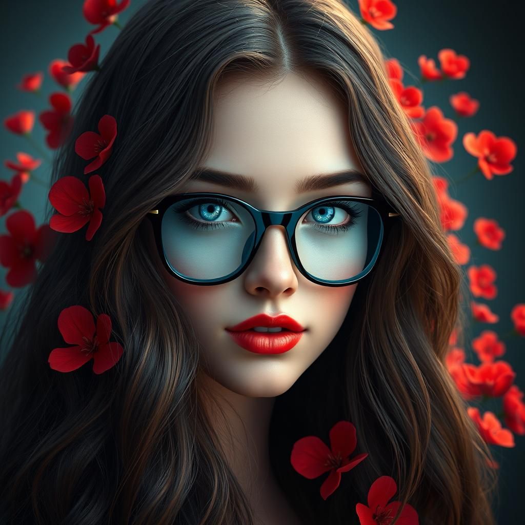 Ethereal Woman with Dark Hair and Red Flowers