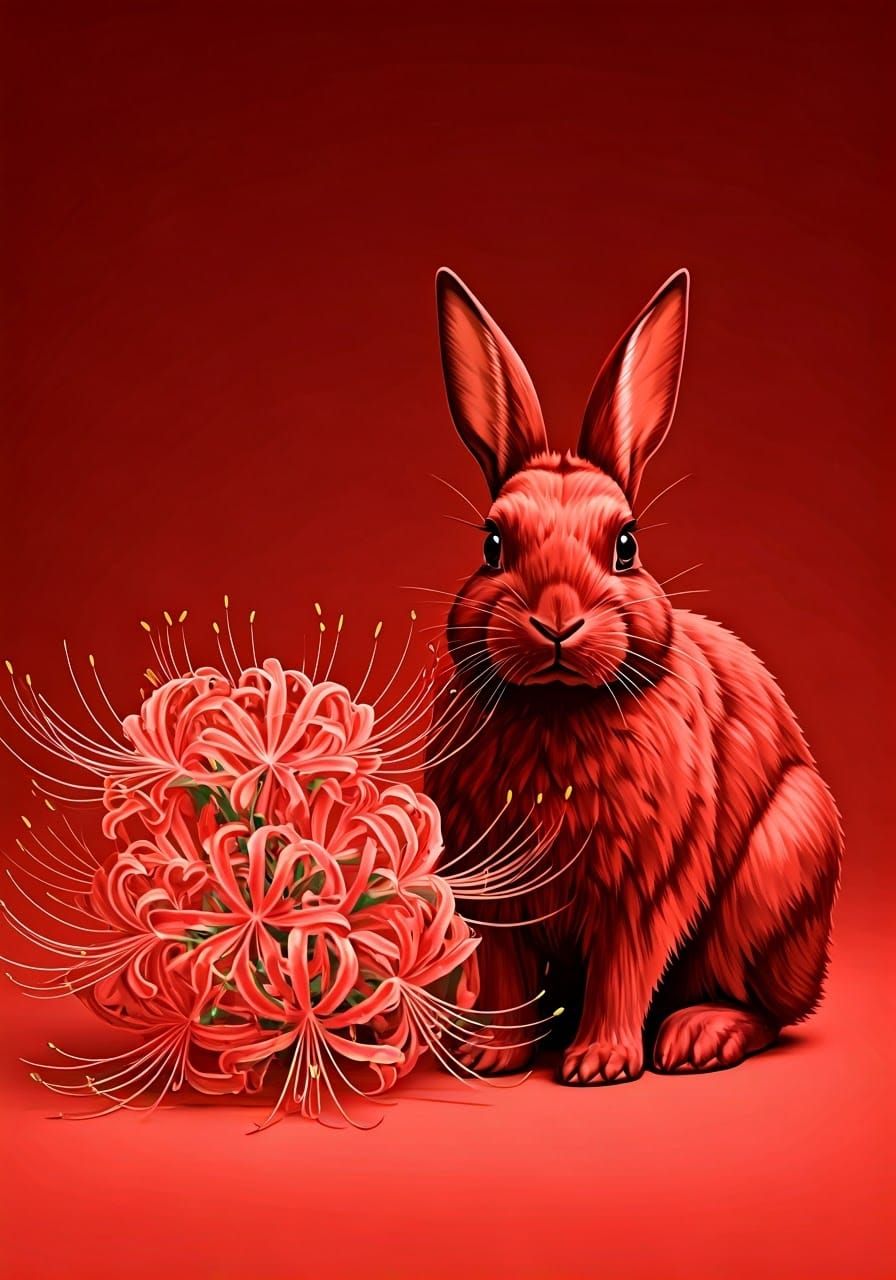 Monochromatic Red Rabbit Surrounded by Red Spider Lilies in ...