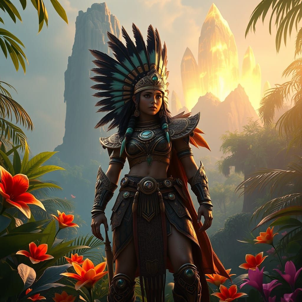 Mesoamerican Warrior Queen in Vibrant Jungle