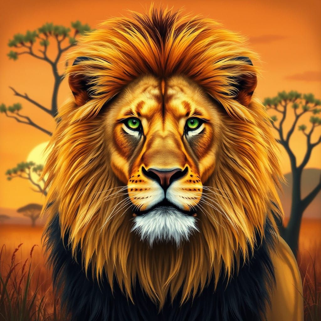 Majestic Lion in Lush Savannah Landscape