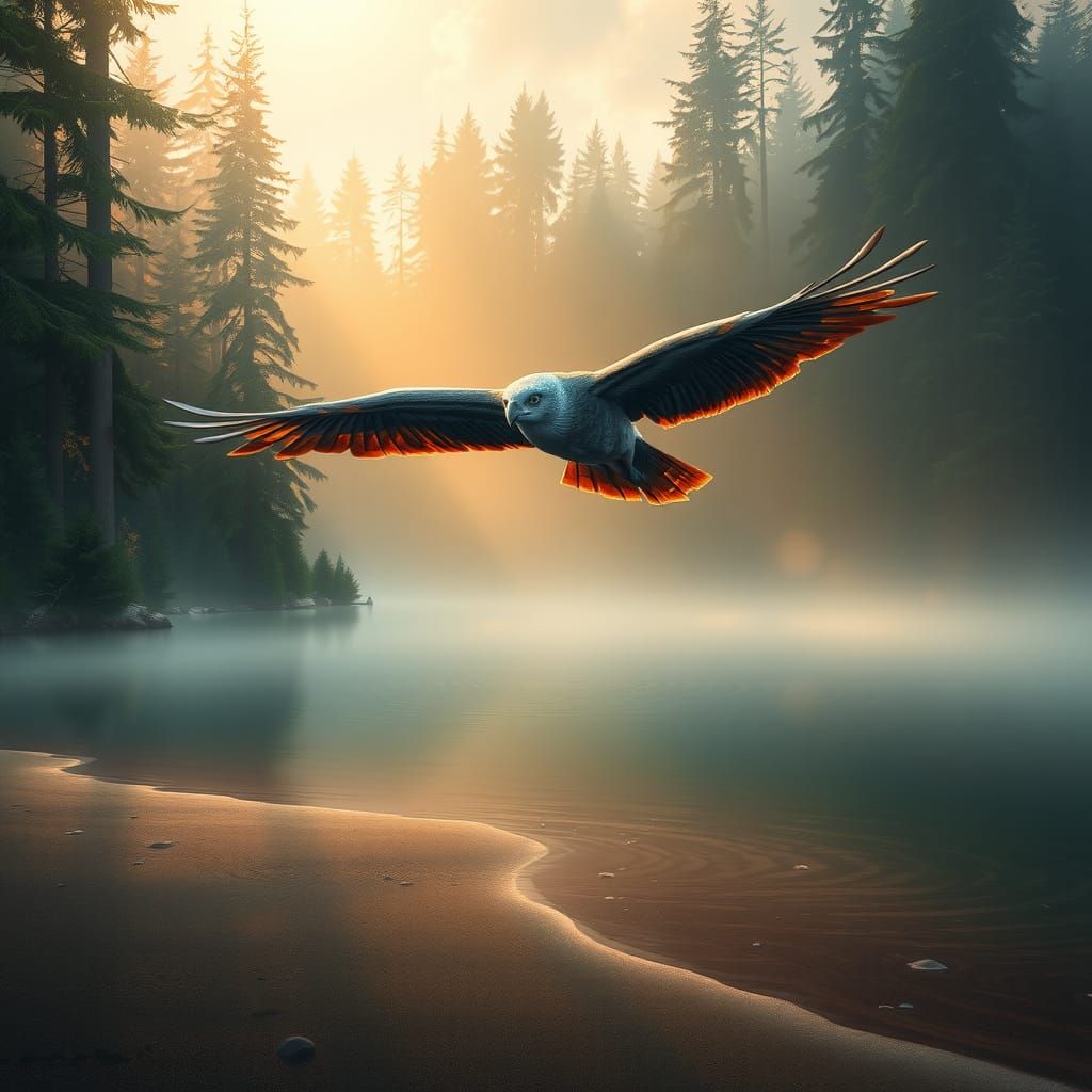Mystical Bird Soars Over Forest Lake at Dawn
