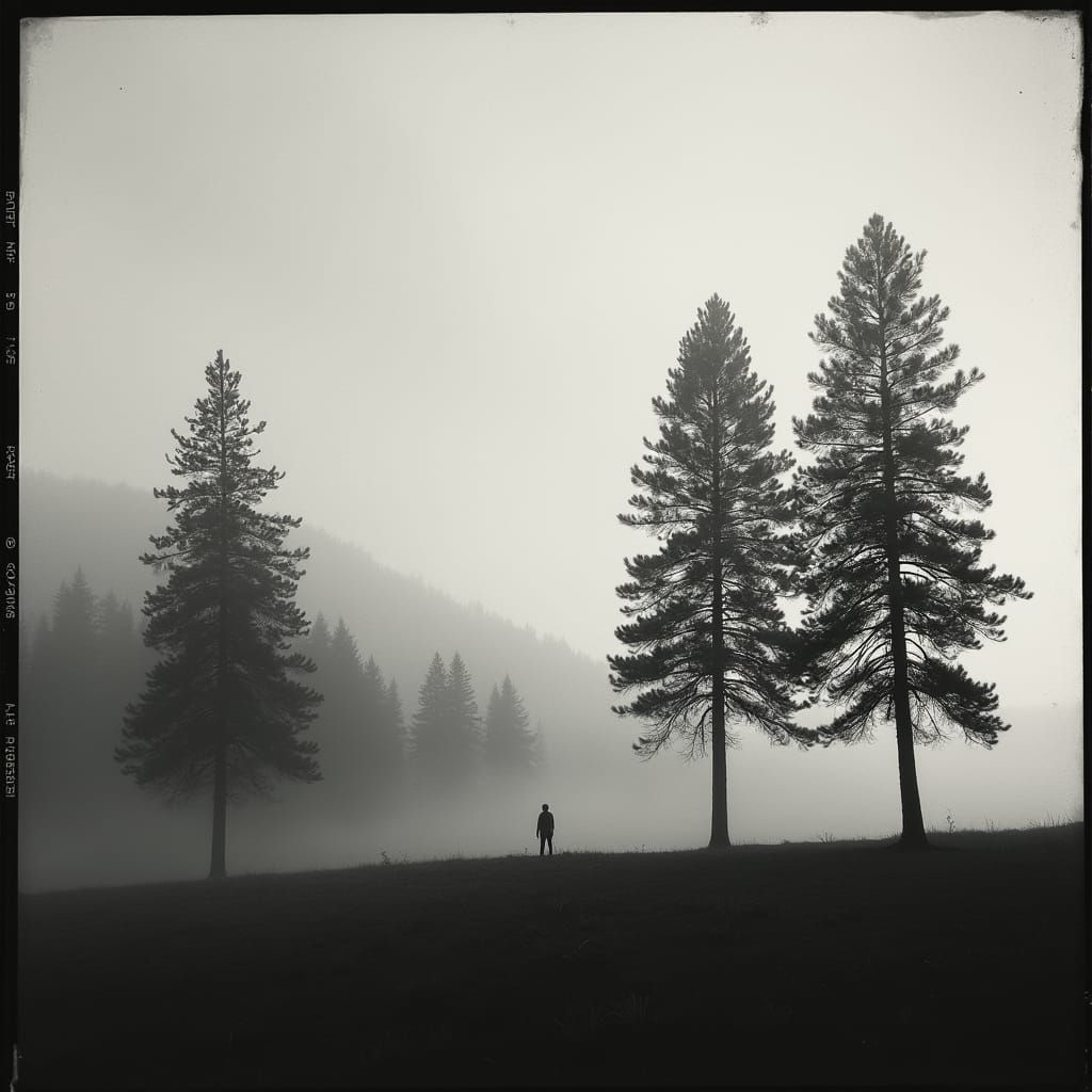 Monochrome Landscape with Lone Figure and Pine Trees