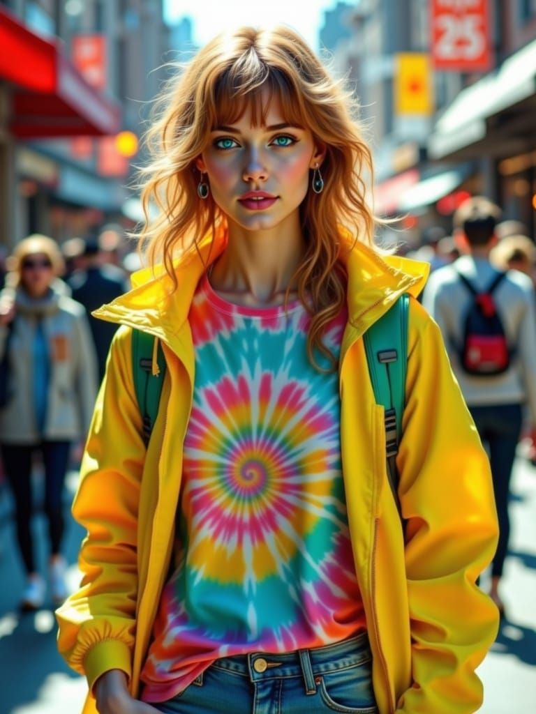 Hyper-Realistic Portrait of a Fashionista in a Vibrant, Sunn...