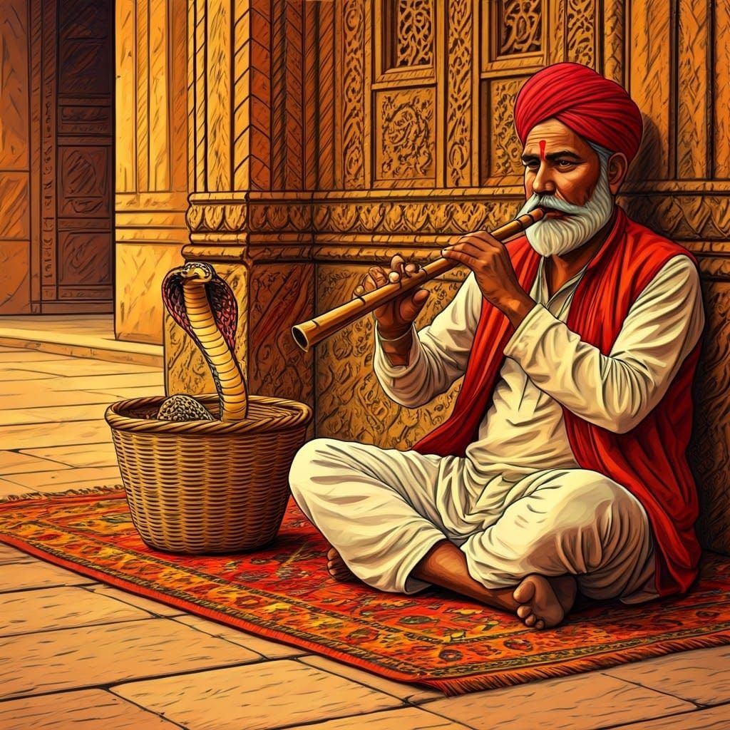 Indian Snake Charmer in Bombay Street Scene