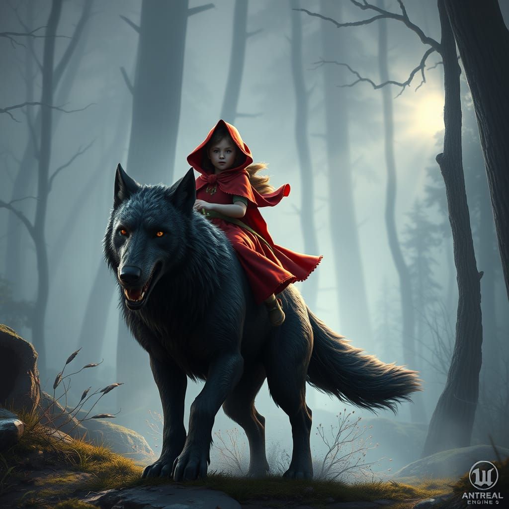 Foggy Forest Fantasy: Little Red Riding Hood's Surreal Ride