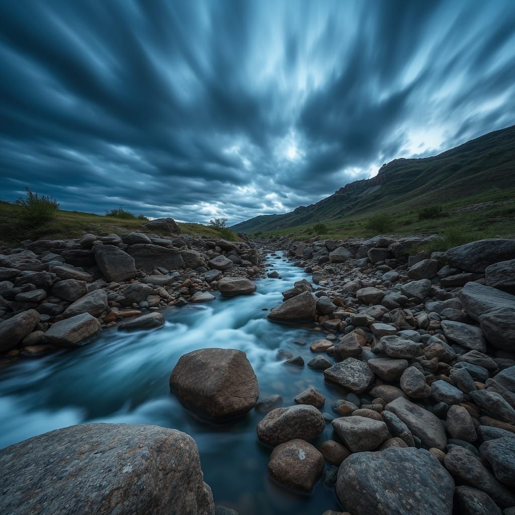 Ethereal Stream Under Stormy Sky: Long Exposure Photography