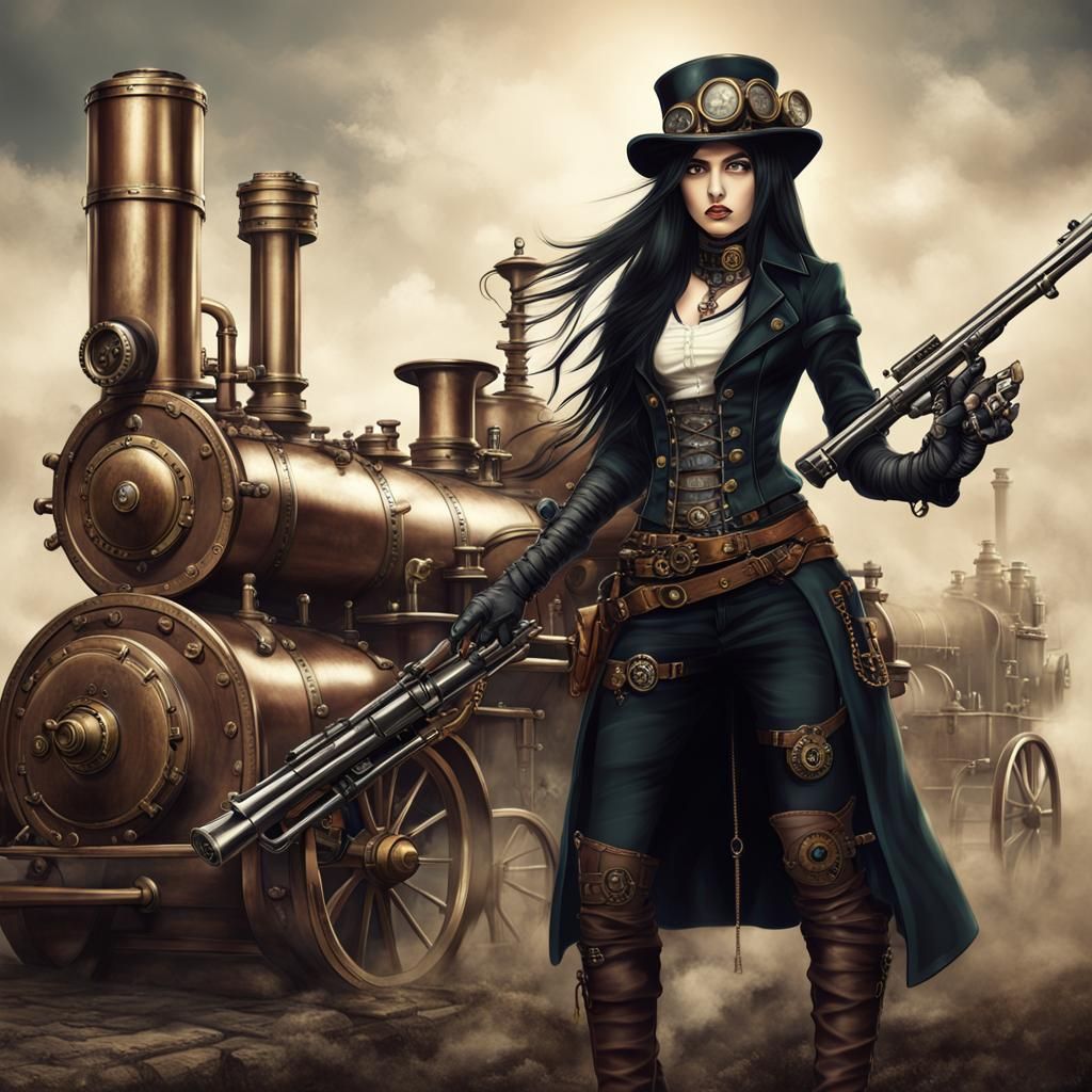 Steampunk Girl with Rifle and Engine