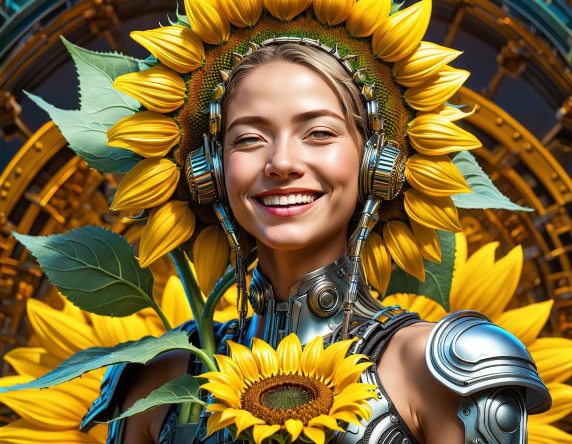 Cyborg Woman with Sunflowers in Art Nouveau Style