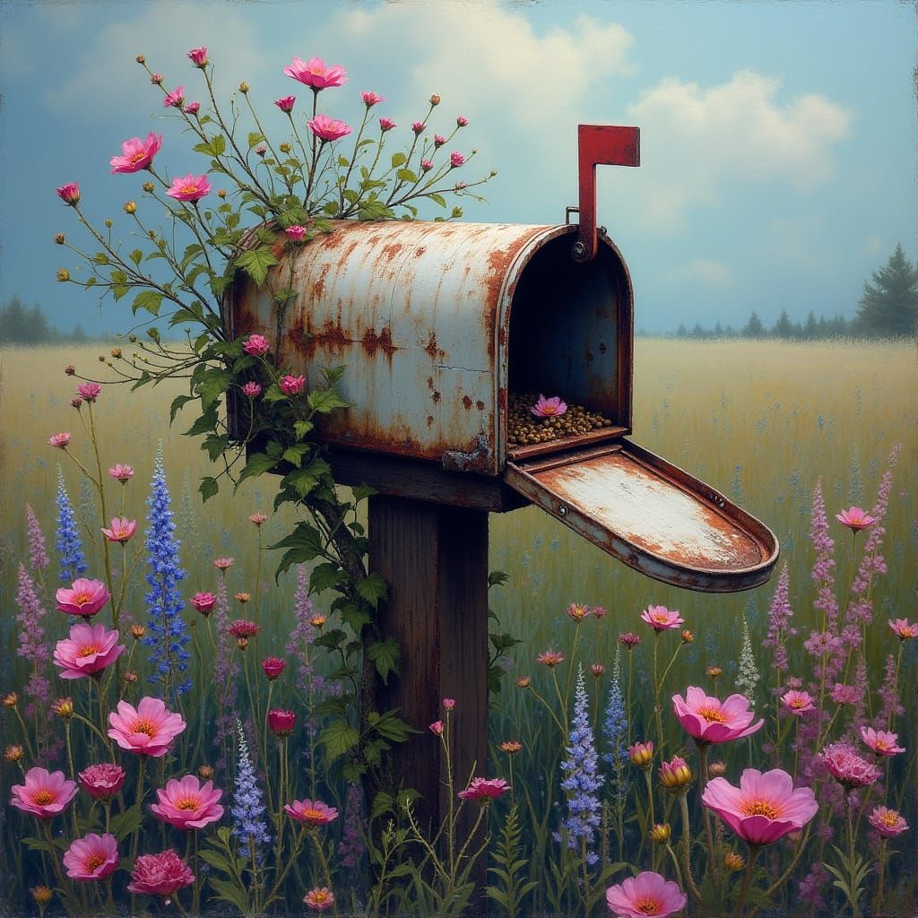 Weathered Rural Mailbox Amidst Vibrant Wildflowers in Moody,...