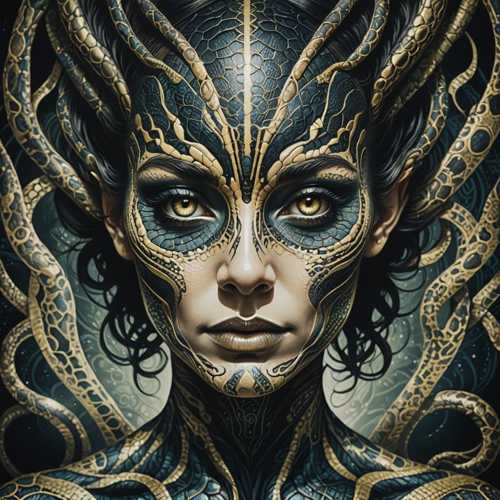 Alien Woman Face in Shadow Art Deco Style