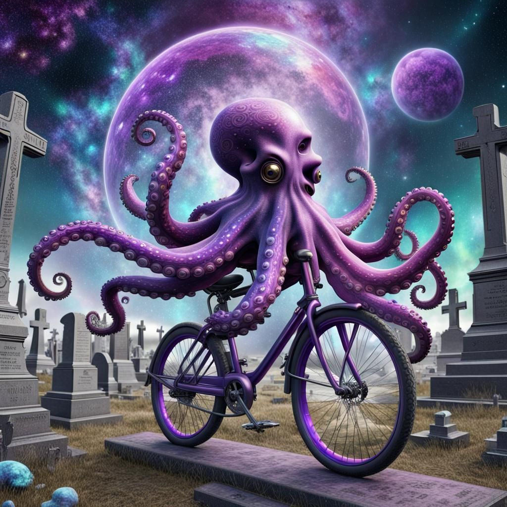 Holographic Octopus Rides Bicycle in Galaxy Cemetery