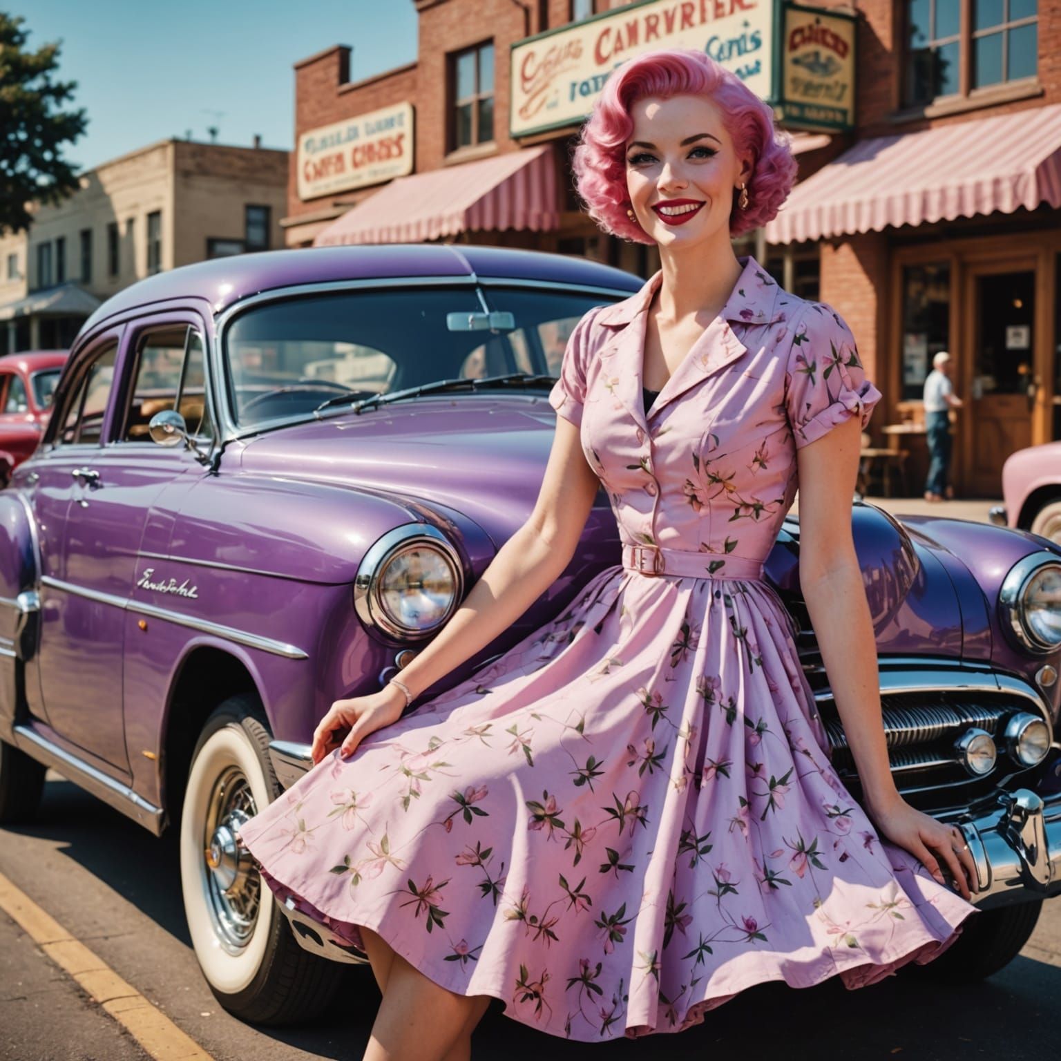 Vintage Pin-Up Girl Leans Against Classic Car