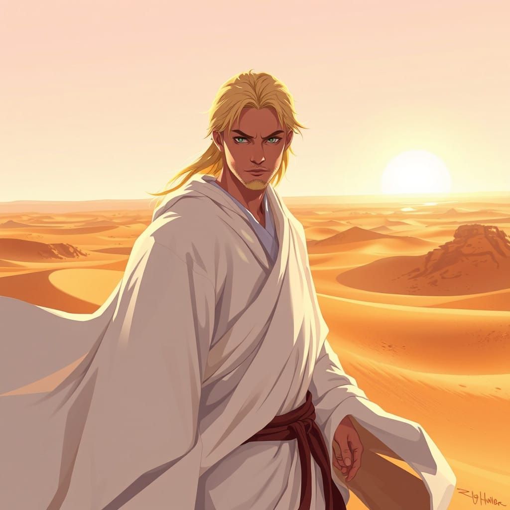 Serenely Standing Blond Monk in Endless Desert Landscape, An...
