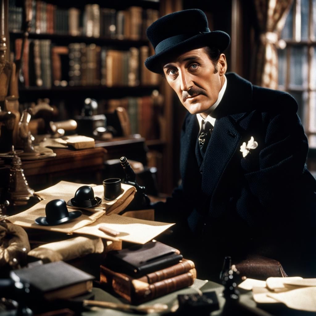 Basil Rathbone as Sherlock Holmes, sitting in his study surr...