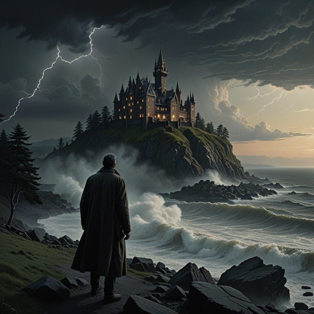 Man Standing on Hilltop at Stormy Twilight in Dramatic Lands...