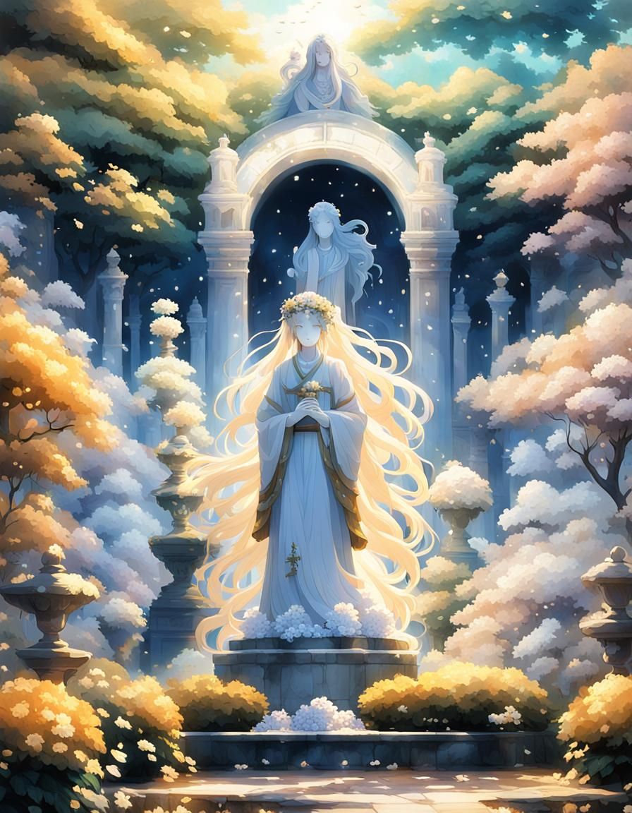 Serene Anime Garden with Marble Statue