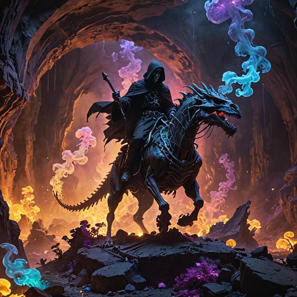 Grim Reaper Rides Dragon: Dark Fantasy Art