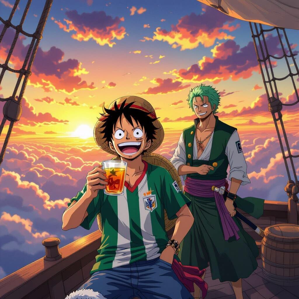 One Piece Characters Enjoy Sunset Above Clouds in Anime Styl...