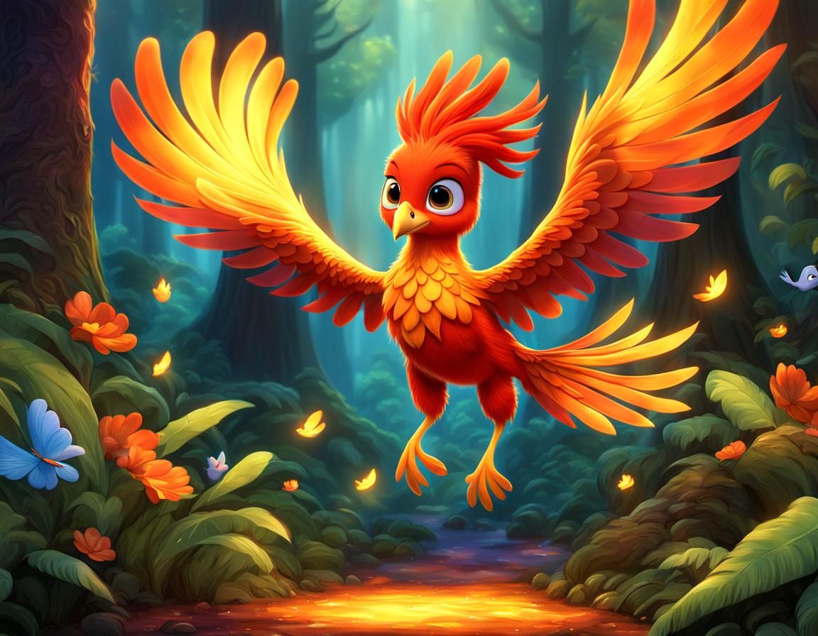Playful Baby Phoenix in Enchanted Forest