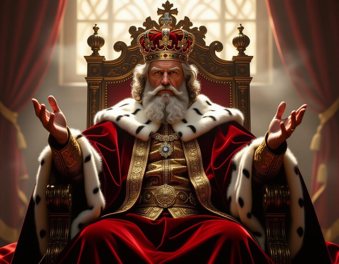 Baroque King Seated on Throne, Gesturing Imperiously