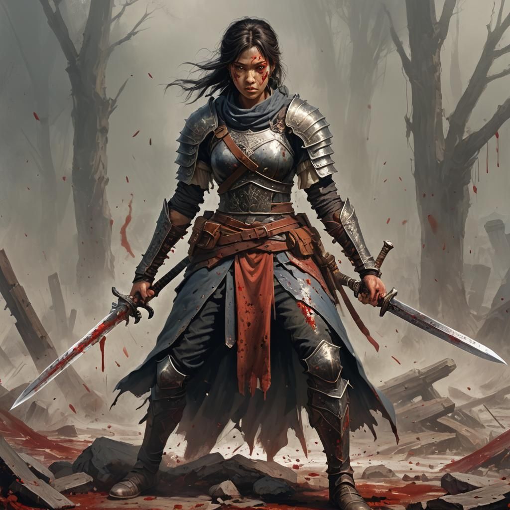 Bloodied Female Warrior with Sword