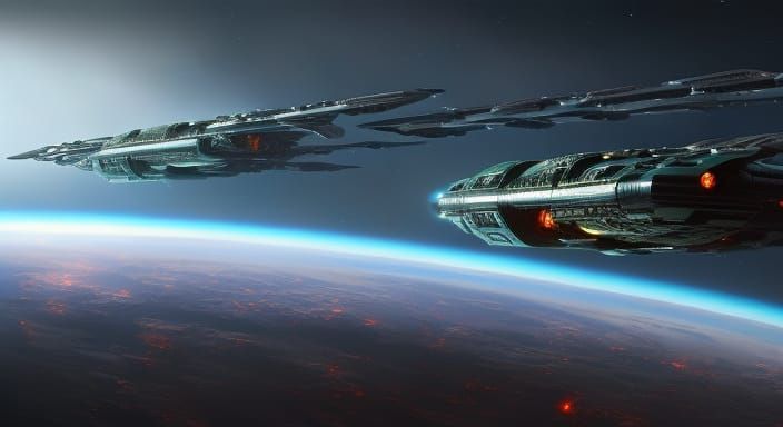 Spaceship Enters Orbit of Alien Planet in Digital Art