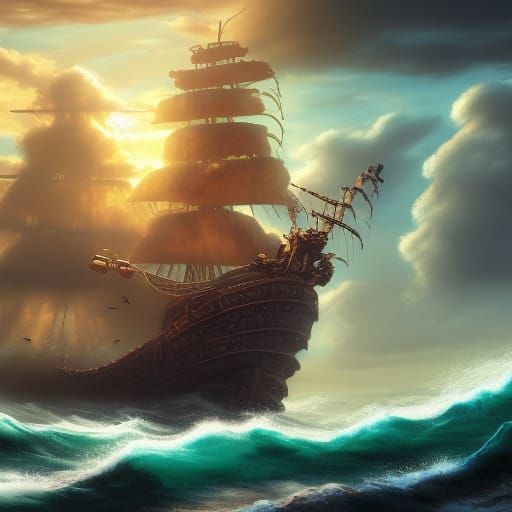 Pirate Corsair Ship Amidst Nebula Clouds