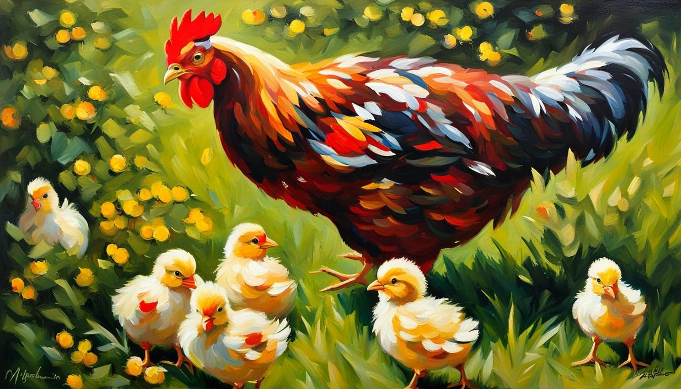 Mother Hen and Chicks in Impressionist Style