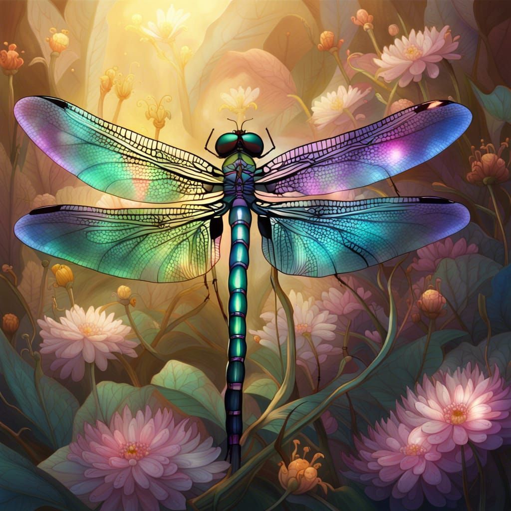 Iridescent Dragonfly in Digital Flower Garden