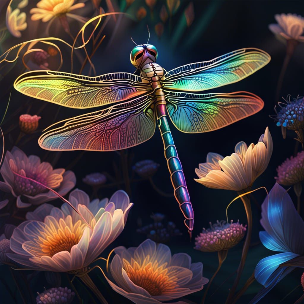 Iridescent Dragonfly in Flower Garden: Digital Painting