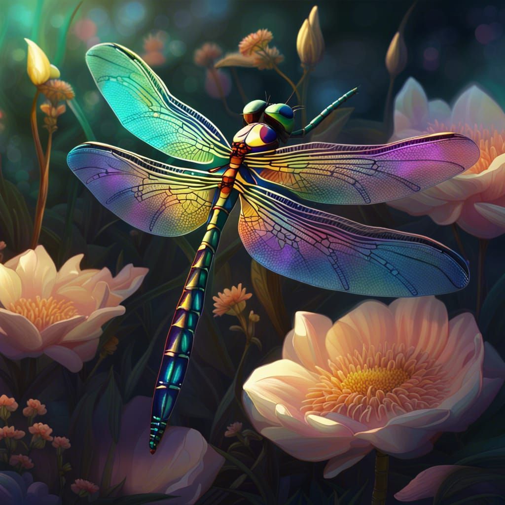 Iridescent Dragonfly in Flower Garden: Digital Art
