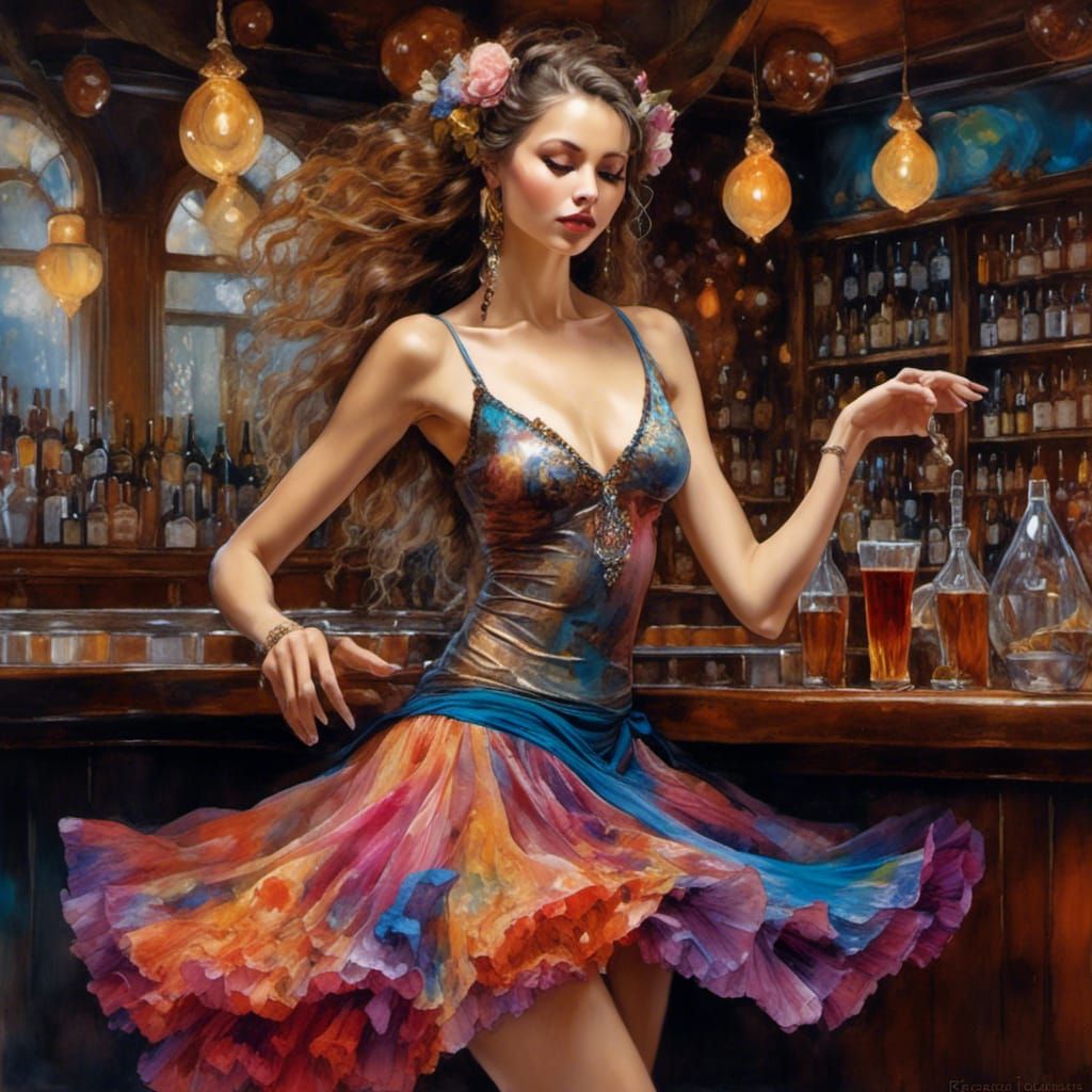 Fantasy Fairy Dancing in Whimsical Bar, Alcohol Ink