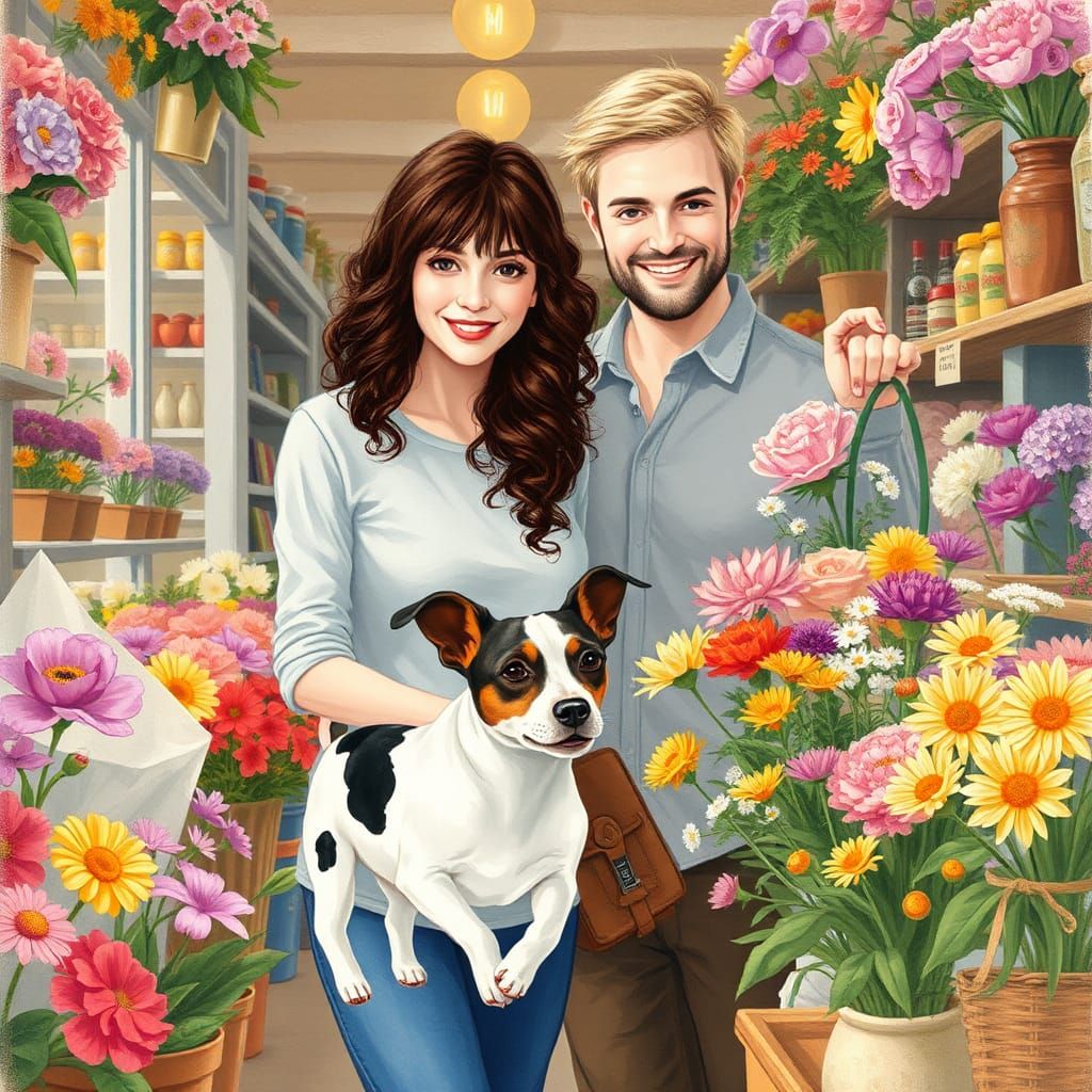 Couple and Dog in Flower Shop Illustration