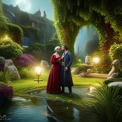 Romantic Couple in Detailed Fantasy Garden Art