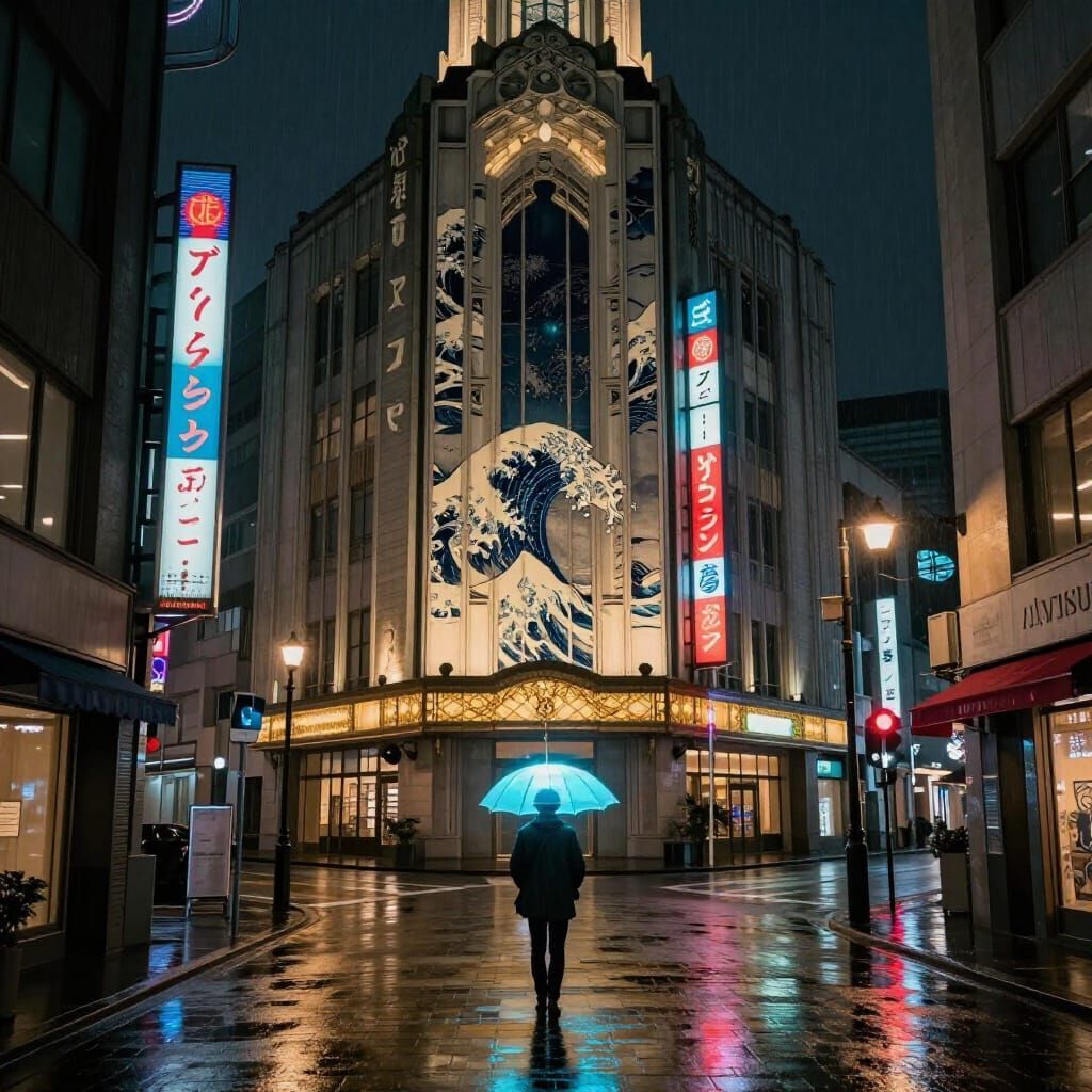 Retro-Futuristic Umbrella on Ukiyo-e Street