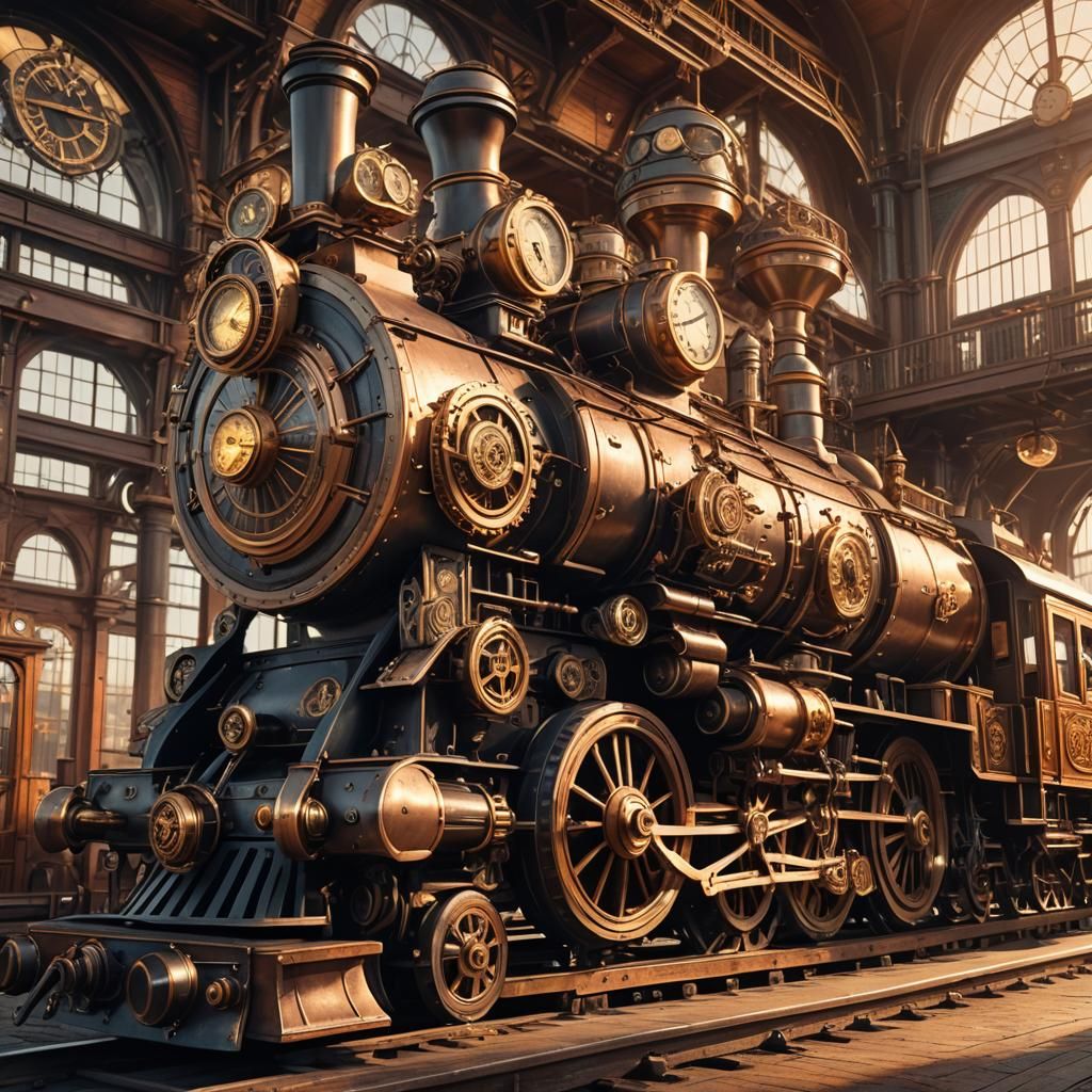 Steampunk Train Station with Clockwork Gears in Golden Hour
