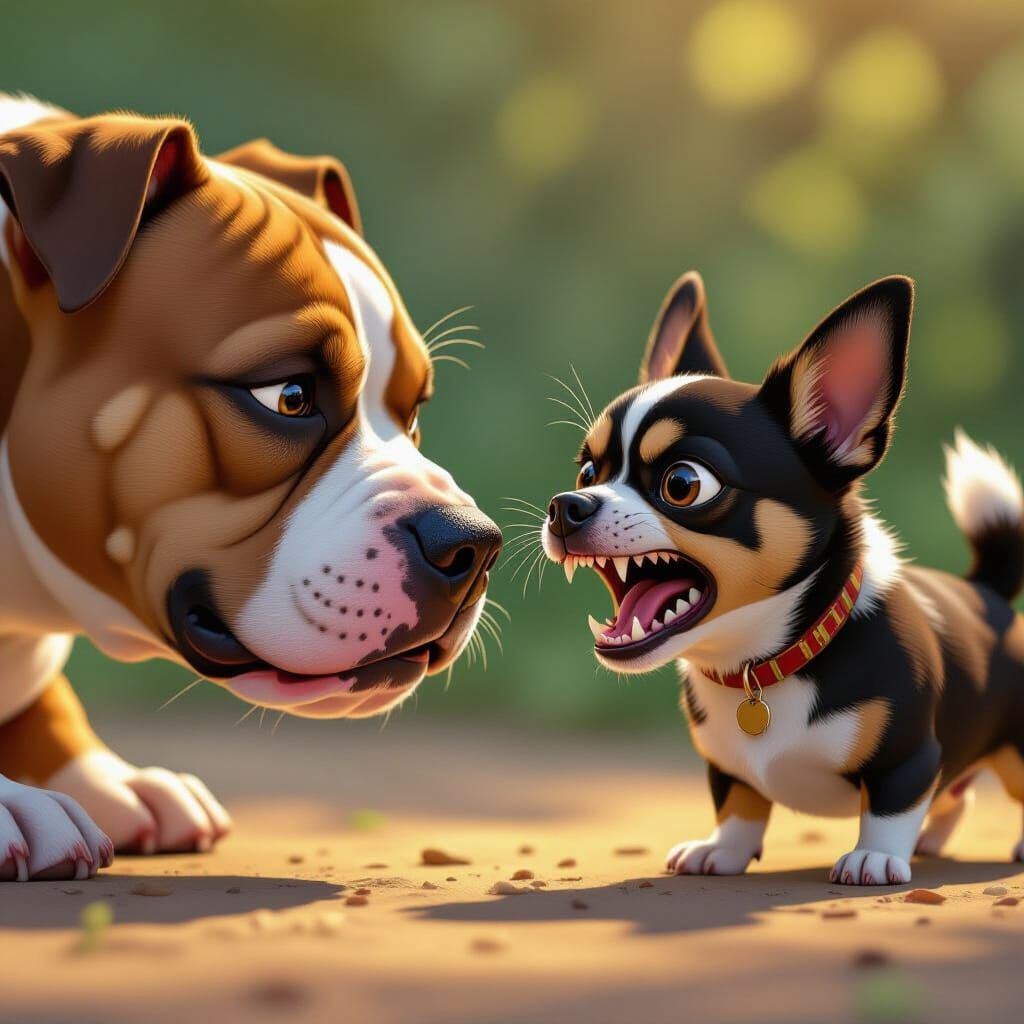 Curious Pitbull Meets Growling Chihuahua in Hyperrealistic C...